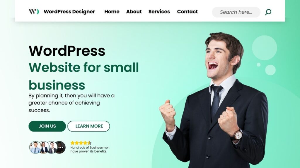 Website front page banner Design with a happy man to build his small business website on WordPress.